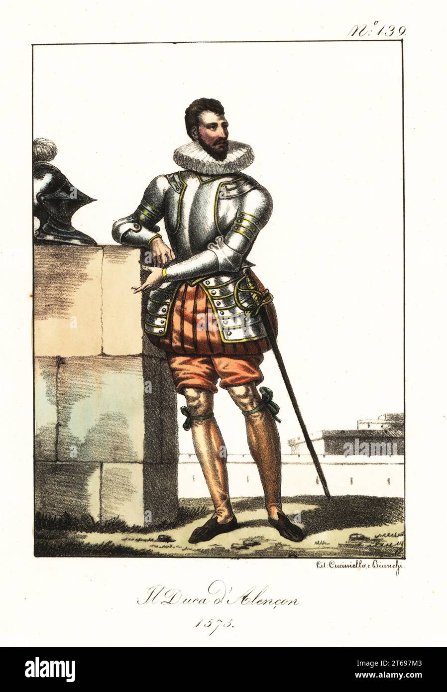 Monsieur Francis, Duke of Anjou and Alençon, 1555-1584, youngest son of King Henry II of France and Catherine de' Medici. In ruff collar, breastplate and tassets, breeches, hose, with helm and sword. Le Duc d'Alencon, 1575. Handcoloured lithograph by Lorenzo Bianchi and Domenico Cuciniello after Hippolyte Lecomte from Costumi civili e militari della monarchia francese dal 1200 al 1820, Naples, 1825. Italian edition of Lecomtes Civilian and military costumes of the French monarchy from 1200 to 1820. Stock Photo