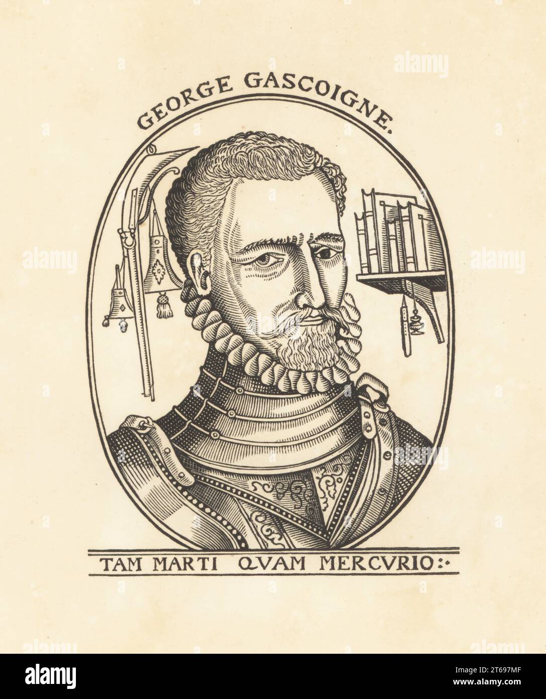 George Gascoigne, English poet, soldier and courtier of the Elizabethan era, 1534-1577. In ruff collar and suit of armour, with books on a shelf. Tam Marti Quam Mercurio. From the woodcut frontispiece to his Steele Glas and Complaynte of Phylomene, 1576. Copperplate engraving from Samuel Woodburns Gallery of Rare Portraits Consisting of Original Plates, George Jones, 102 St Martins Lane, London, 1816. Stock Photo