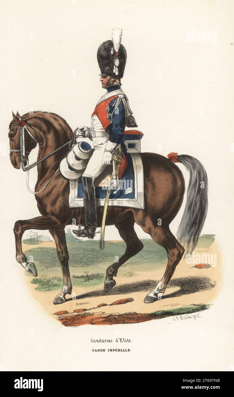 Uniform of the Elite Gendarmes, cavalry regiment in the French Imperial Guard. In bearskin cap with plume, blue coat, red lapels and cuffs, white aiguillettes and epaulettes, white trousers and black boots. Gendarme d'Elite, Garde Imperiale. Handcoloured woodcut by Nicolas Barbant after an illustration by Hippolyte Bellangé from P.M. Laurent de lArdeches Histoire de Napoleon, Paris, 1840. Stock Photo