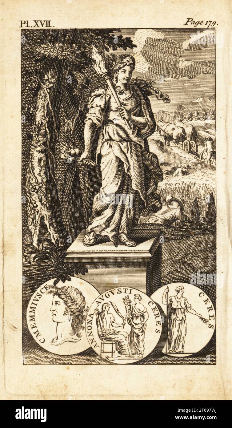 Ceres, Roman goddess of agriculture, grain crops and fertility. She is shown holding a torch and branch, in front of farmers harvesting wheat and tilling soil. Copperplate engraving from Andrew Tookes The Pantheon, Representing the Fabulous Histories of the Heathen Gods, London, 1757. Stock Photo