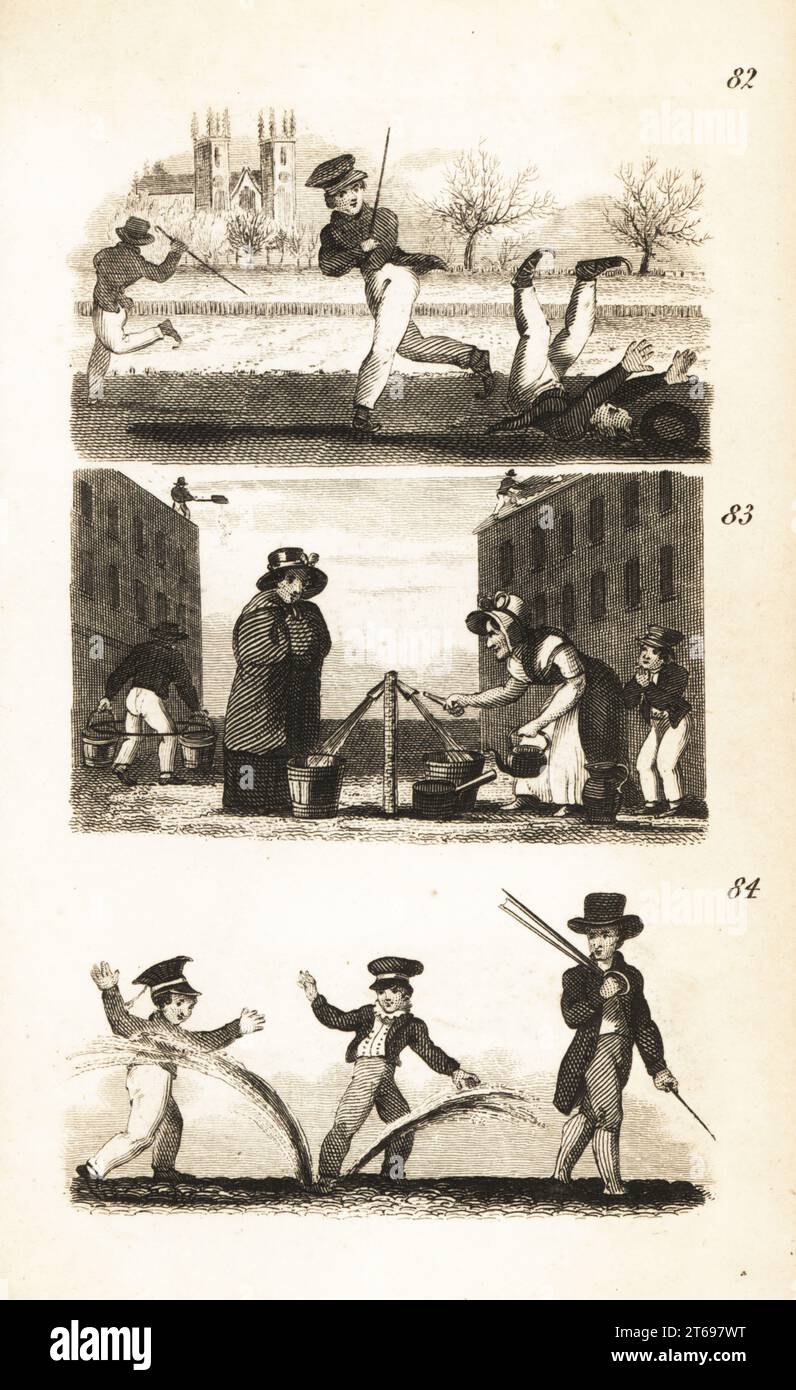 Skating, the Hard Frost and the Fire-plug. Apprentices and dandies ice skating on a frozen canal 82, woman with kettle at a frozen waterpump in a cold winter 83 and boys playing with a fire hydrant or water-plug in the street 84. Woodcut engraving after an illustration by Isaac Taylor from City Scenes, or a Peep into London, by Ann Taylor and Jane Taylor, published by Harvey and Darton, Gracechurch Street, London, 1828. English sisters Ann and Jane Taylor were prolific Romantic poets and writers of childrens books in the early 19th century. Stock Photo