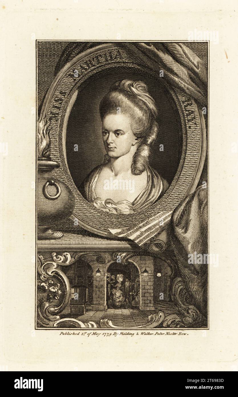 Miss Martha Ray (1742-1779), English singer and actress, mistress to John Montagu, 4th Earl of Sandwich. She was shot in the head with a pistol by infatuated admirer/scorned lover and stalker Rev. James Hackman as she climbed into a coach in Covent Garden. Portrait of the actress within a decorative oval border above a vignette of her murder. Copperplate engraving published by Fielding and Walker, Pater Noster Row, London, 1779. Stock Photo