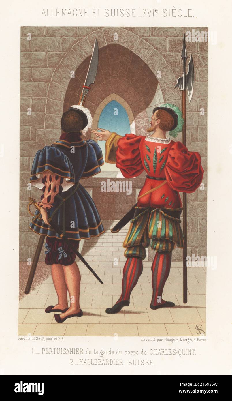 German partisaner, imperial guard of HRE Charles V, and Swiss halberdier. 16th century. Pertuisanier de la garde du corps de Charles Quint, Hallebardier Suisse. Allemagne et Suisse, XVIe siecle. Chromolithograph drawn and lithographed by Ferdinand Sere from Charles Louandres Les Arts Somptuaires, The Sumptuary Arts, Hangard-Mauge, Paris, 1858. Stock Photo
