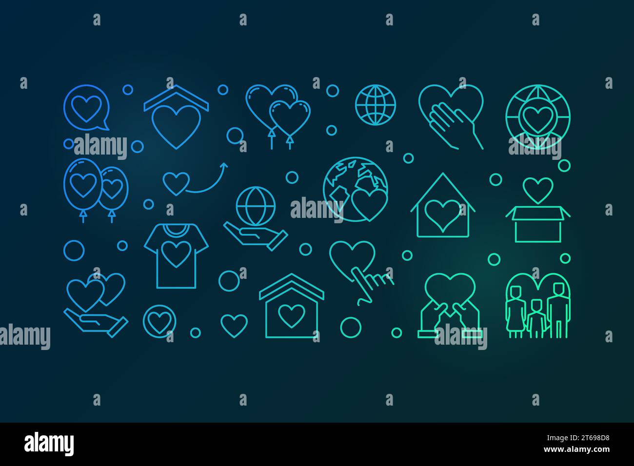 Vector Volunteering colored horizontal illustration in thin line style on dark background Stock Vector