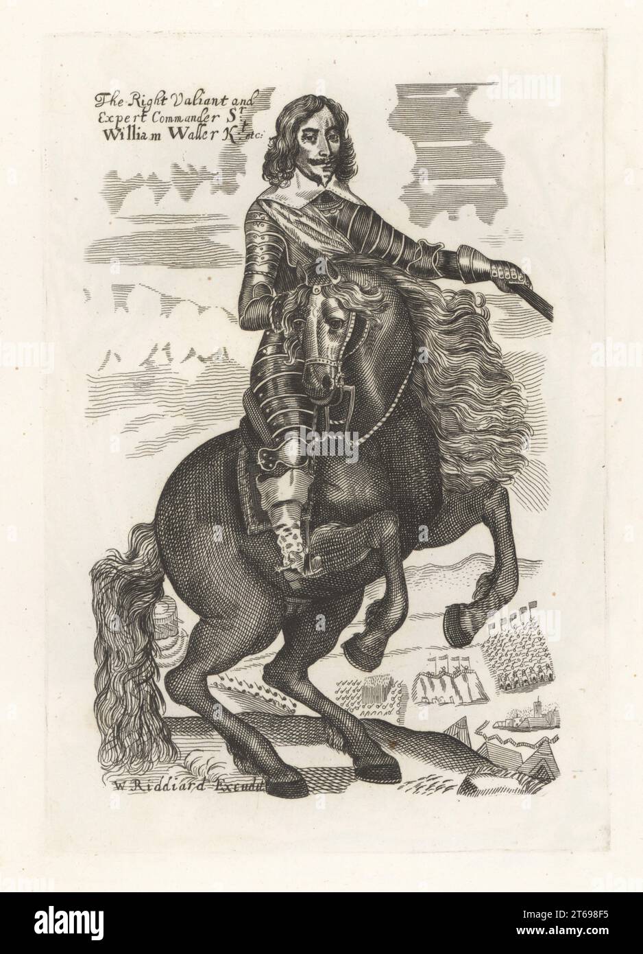Sir William Waller, English soldier, c. 1597-1668. Commander of Parliamentarian armies during the First English Civil War. On horseback in plate armour, sash, collar and boots with spurs. Vignette of miltary camps and battles. The right valiant and expert commander. Published by William Riddiard, from the unique equestrian print in Earl Spenser's Clarendon. Copperplate engraving from Samuel Woodburns Gallery of Rare Portraits Consisting of Original Plates, George Jones, 102 St Martins Lane, London, 1816. Stock Photo