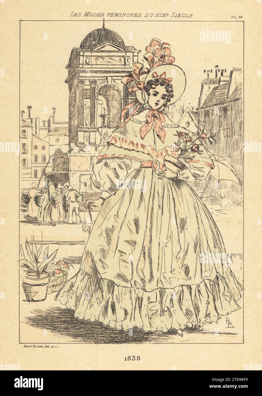 Fashionable lady holding a pot plant in front of the fontaine des Nymphes. In bonnet, dress with lace collar, capelet, ribbons and flounces. The Fountain of the Nymphs was built by Pierre Lescot in 1549 (now the Fontaine des Innocents, Marche des Innocents). Handcoloured drypoint or pointe-seche etching by Henri Boutet from Les Modes Feminines du XIXeme Siecle (Feminine Fashions of the 19th Century), Ernest Flammarion, Paris, 1902. Boutet (1851-1919) was a French artist, engraver, lithographer and designer. Stock Photo