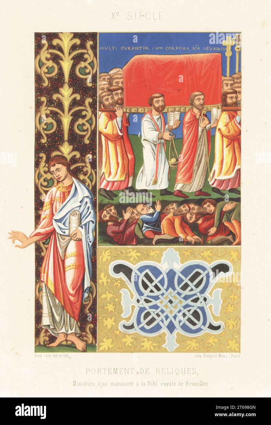 Procession of sacred relics, 10th century. Monks in robes chant from holy books and swing censers next to a canopied litter. A crowd of disabled men seek healing. From a miniature in a manuscript in the Bibliotheque royale de Bruxelles. Portement de Reliques, Xe Siecle. Drawn and chromolithographed by Ferdinand Sere from Charles Louandres Les Arts Somptuaires, The Sumptuary Arts, Hangard-Mauge, Paris, 1858. Stock Photo