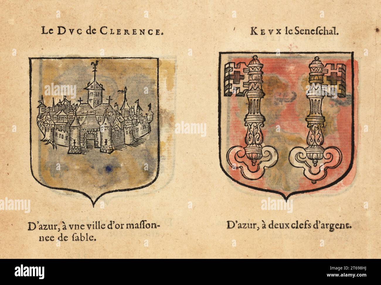 Imaginary coats of arms of King Arthurs Knights of the Round Table: Galeschin, Duke of Clarence, with golden town, and Sir Kay with silver keys. Chevaliers de la table ronde: Le DUC de CLERENCE, KEUX le Seneschal. Handcoloured woodblock engraving from Hierosme de Baras Le Blason des Armoiries, Chez Rolet Boutonne, Paris, 1628. Stock Photo