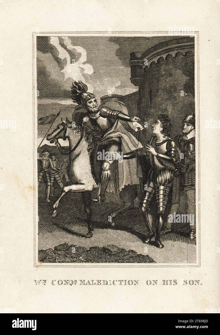 King WIlliam I of England cursing his son Robert Curthose at the Siege of Gerberoy Fortress, 1079. William the Conqueror's malediction of his son. Copperplate engraving from M. A. Jones History of England from Julius Caesar to George IV, G. Virtue, 26 Ivy Lane, London, 1836. Stock Photo