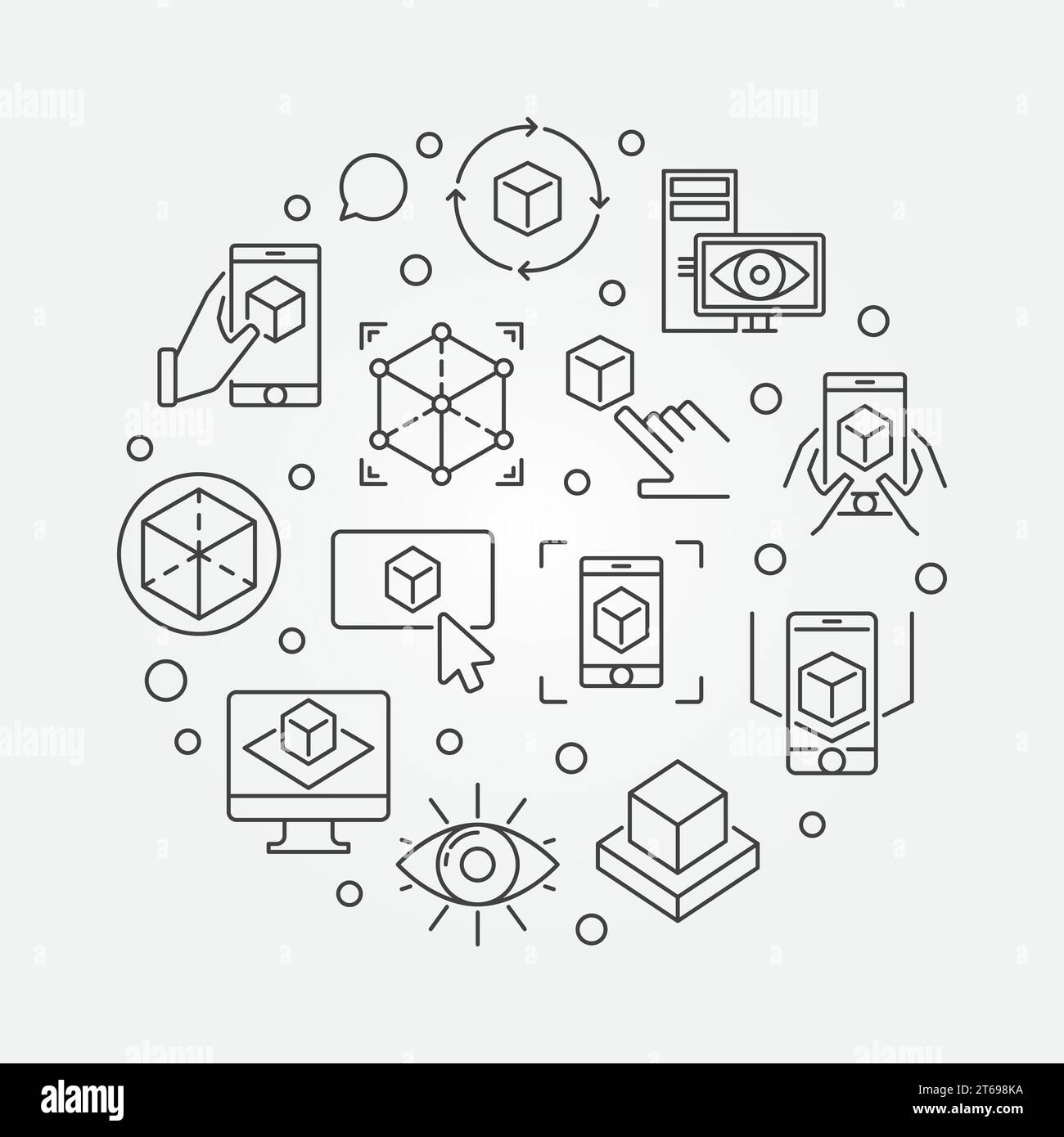 AR Technology vector round concept illustration made with augmented reality thin line icons Stock Vector