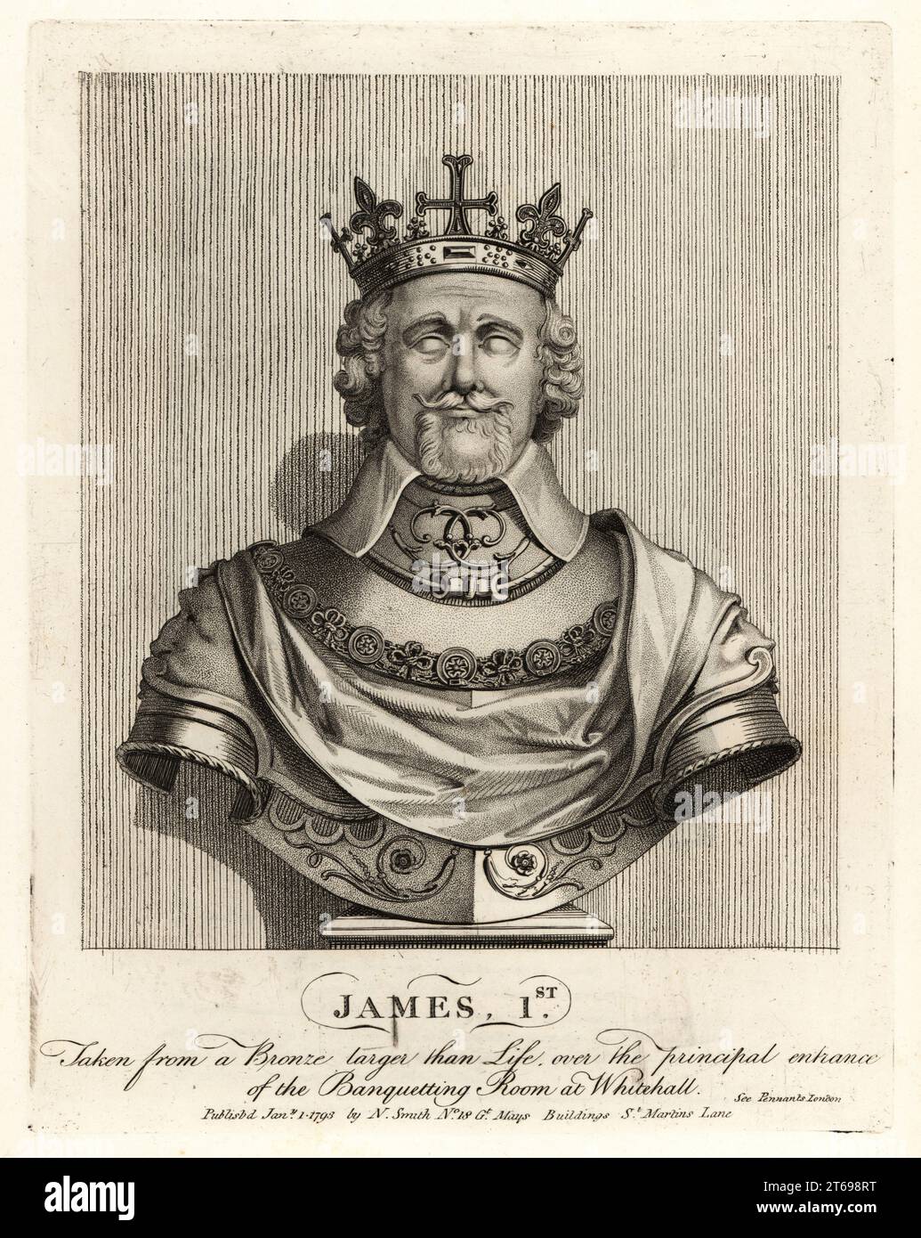 King James I of England taken from a bronze bust over the entrance of the Banquetting Room at Whitehall. Copperplate engraving by John Thomas Smith after original drawings by members of the Society of Antiquaries from his J.T. Smiths Antiquities of London and its Environs, J. Sewell, R. Folder, J. Simco, London, 1793. Stock Photo