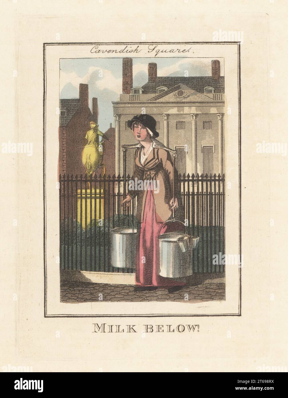 Milk-maid selling fresh milk in Cavendish Square. Welsh girl in bonnet, coat and skirts, with yoke and two large pales of milk. Milk below. The golden equestrian statue of the Butcher of Culloden, Prince William, Duke of Cumberland. Handcoloured copperplate engraving by Edward Edwards after an illustration by William Marshall Craig from Description of the Plates Representing the Itinerant Traders of London, Richard Phillips, No. 71 St Pauls Churchyard, London, 1805. Stock Photo