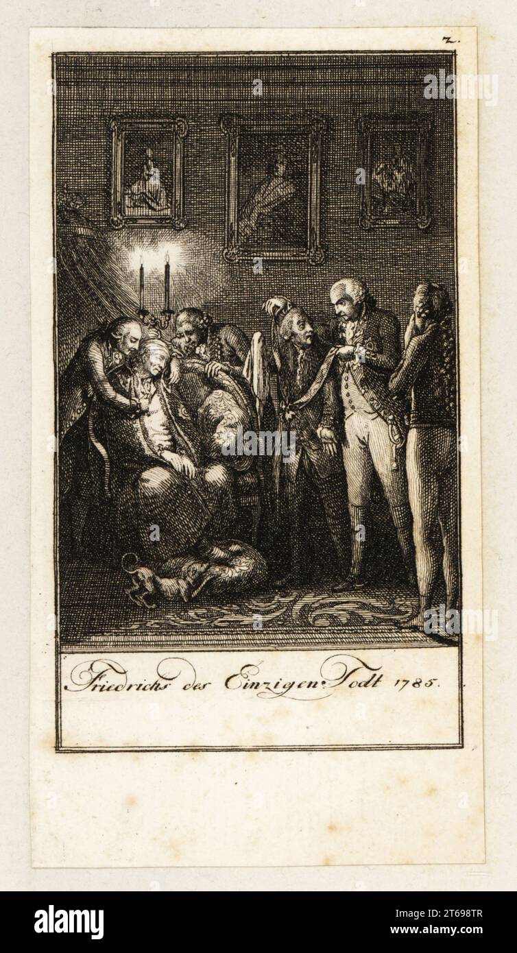 Death of Frederick the Great, King of Prussia, 1785. The king expires in an armchair in his study at Sanssouci surrounded by servants with candles. His nephew Frederick William II removes a sash from one of the king's male coterie. Friedrichs des Einzigen Todt. Copperplate engraving drawn and etched by Daniel Nikolaus Chodowiecki from 12 Blätter Darstellungen aus der neuen Geschichte, 12 Pictures Illustrating Modern History, Germany, 1789. Stock Photo