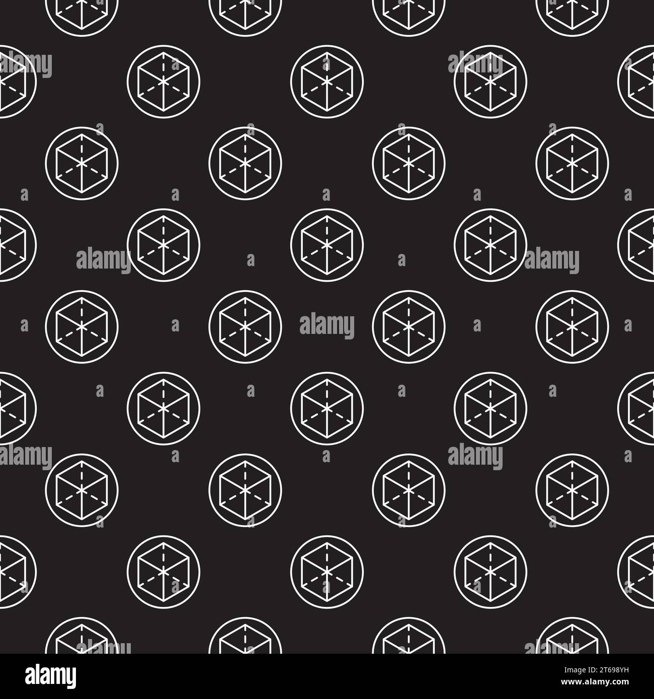 Dark Augmented Reality vector seamless pattern made with thin line cube in circle icon Stock Vector