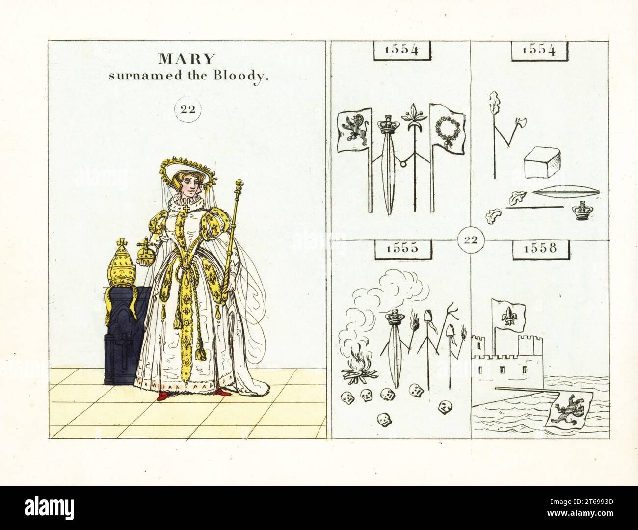 Portrait of Queen Mary of England, Bloody Mary. Dressed in a gold and white dress and hat, holding orb and sceptre. Emblems indicate her marriage to Philip of Spain, execution of Lady Jane Grey, restoration of the Catholic religion, and the French taking Calais. Handcoloured steel engraving after an illustration by Mary Ann Rundall from A Symbolical History of England, from Early Times to the Reign of William IV, J.H. Truchy, Paris, 1839. Mary Ann Rundall was a teacher of young ladies in Bath, and published her book of mnemonic emblems in 1815. Stock Photo