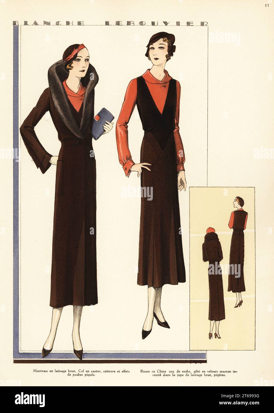 Woman in brown wool coat with beaver collar, orange silk blouse, brown velvet waistcoat inlaid into brown wool skirt. Marcel wave bob hairstyle. Fashion designs by Blanche Lebouvier. Handcoloured pochoir lithograph from La Grande Couture, Creations pour la Femme Mondaine, Atelier Bachwitz, publisher of Chic Parisien, Vienna, September, 1931. Stock Photo