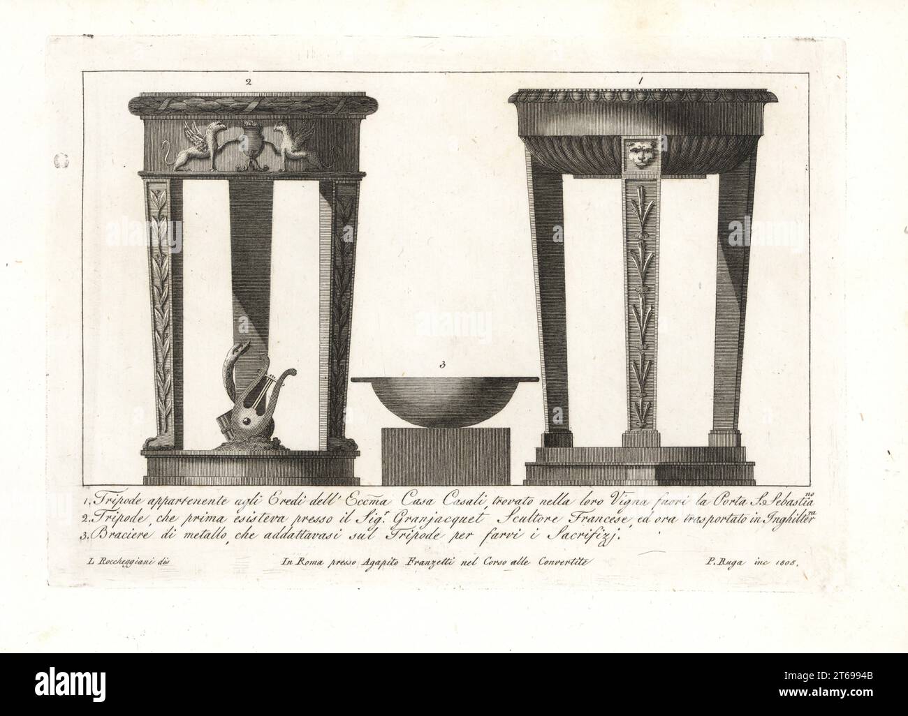 Tripod belonging to the Heirs of the Ecoma, Casa Casali, found in their vineyard outside the Porta San Sebastiono, Rome 1, tripod owned by French sculptor Antoine-Guillaume Granjacquet 2, and metal brazier for sacrifices 3. Copperplate engraving by Pietro Ruga after an illustration by Lorenzo Rocceggiani from his own 100 Plates of Costumes Religious, Civil and Military of the Ancient Egyptians, Etruscans, Greeks and Romans, Franzetti, Rome, 1802. Stock Photo