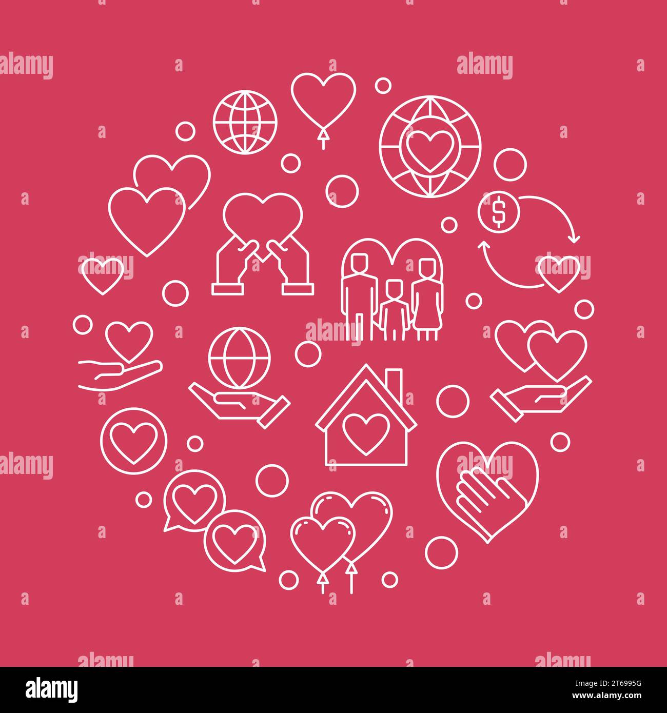 Nonprofit organization circular vector concept outline illustration on red background Stock Vector