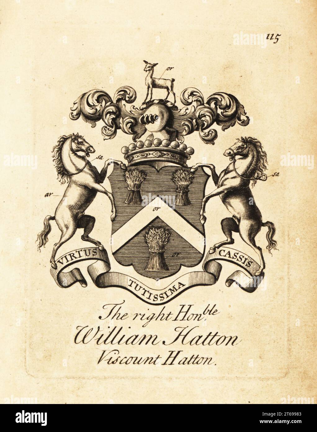 Coat of arms of the Right Honourable William Hatton, 1st Viscount Hatton (16321706). Copperplate engraving by Andrew Johnston after C. Gardiner from Notitia Anglicana, Shewing the Achievements of all the English Nobility, Andrew Johnson, the Strand, London, 1724. Stock Photo