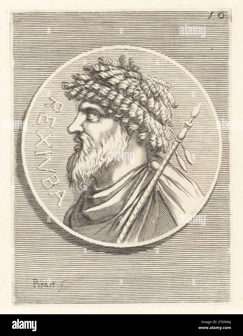 King Juba I of Numidia, c.85-46 BC, king of Numidia (reigned 60-46 BC). He was the son and successor to Hiempsal II. With beard and curly hair, mantle and sceptre. From a silver coin. Rex Iuba. Copperplate engraving by Etienne Picart after Giovanni Angelo Canini from Iconografia, cioe disegni d'imagini de famosissimi monarchi, regi, filososi, poeti ed oratori dell' Antichita, Drawings of images of famous monarchs, kings, philosophers, poets and orators of Antiquity, Ignatio deLazari, Rome, 1699. Stock Photo