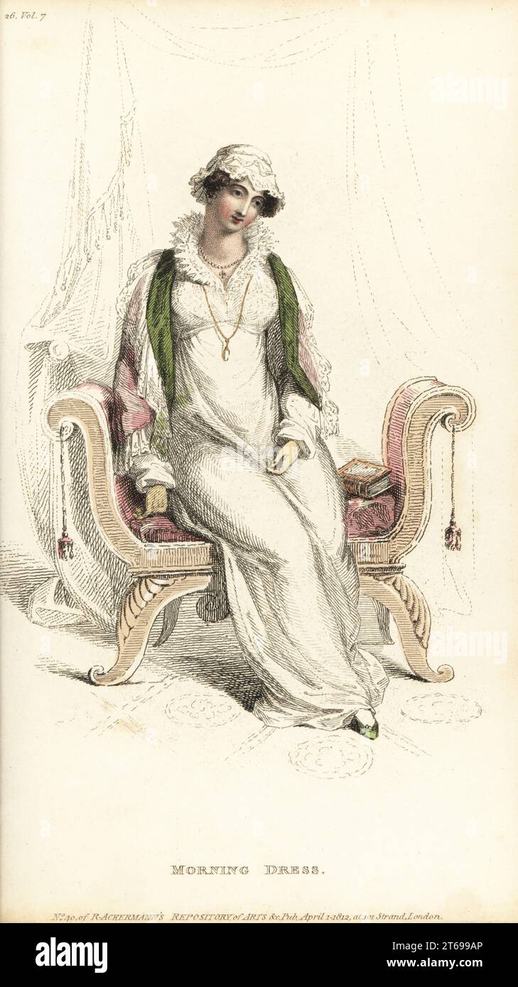 Regency woman in morning costume seated on a sofa, 1812. Dress of superfine Scotch cambric over a slip, ruff a la Mary Queen of Scots, Flora cap in satin and lace, capuchin cloak of blossom satin. Plate 26, Vol. 7, April 1 1812. Handcoloured copperplate engraving by Thomas Uwins from Rudolph Ackermann's Repository of Arts, London. Stock Photo