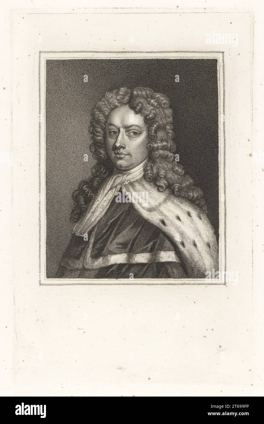 Philip Wharton, Duke of Wharton, 1698-1731. Powerful Jacobite politician, lost his fortune in the South Sea Bubble of 1720. Philip, Duke of Wharton, from an original picture by Charles Jervas. Copperplate engraving from Samuel Woodburns Gallery of Rare Portraits Consisting of Original Plates, George Jones, 102 St Martins Lane, London, 1816. Stock Photo