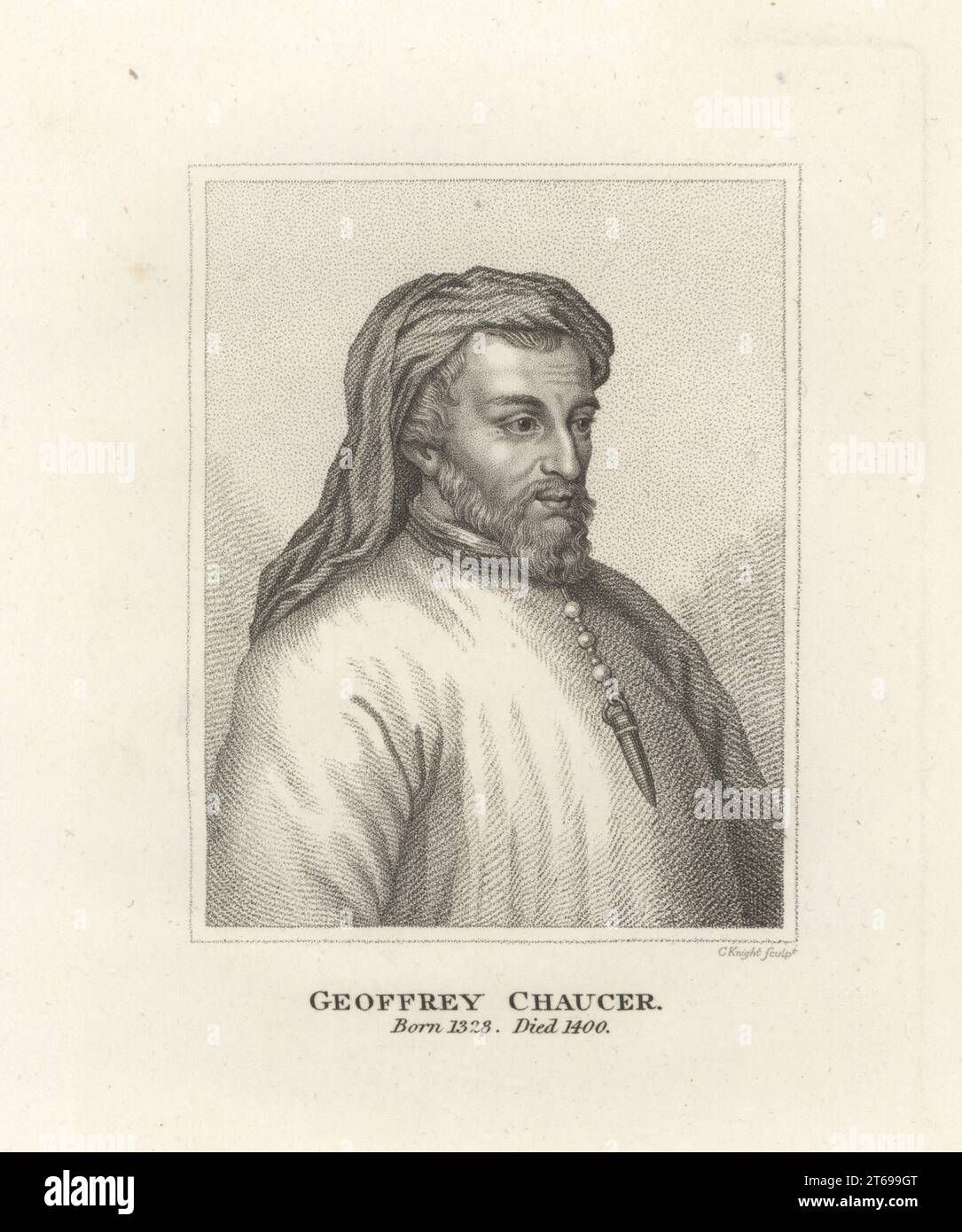 Geoffrey Chaucer, English author and poet, writer of The Canterbury Tales, first book publshed by printing press in England, 1328-1400. Copperplate engraving by Charles Knight from Samuel Woodburns Gallery of Rare Portraits Consisting of Original Plates, George Jones, 102 St Martins Lane, London, 1816. Stock Photo