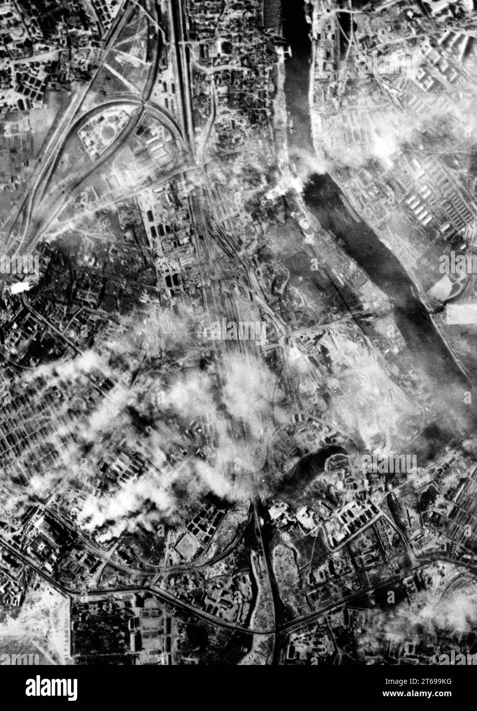 Aerial view of burning factories in Moscow, taken by a German