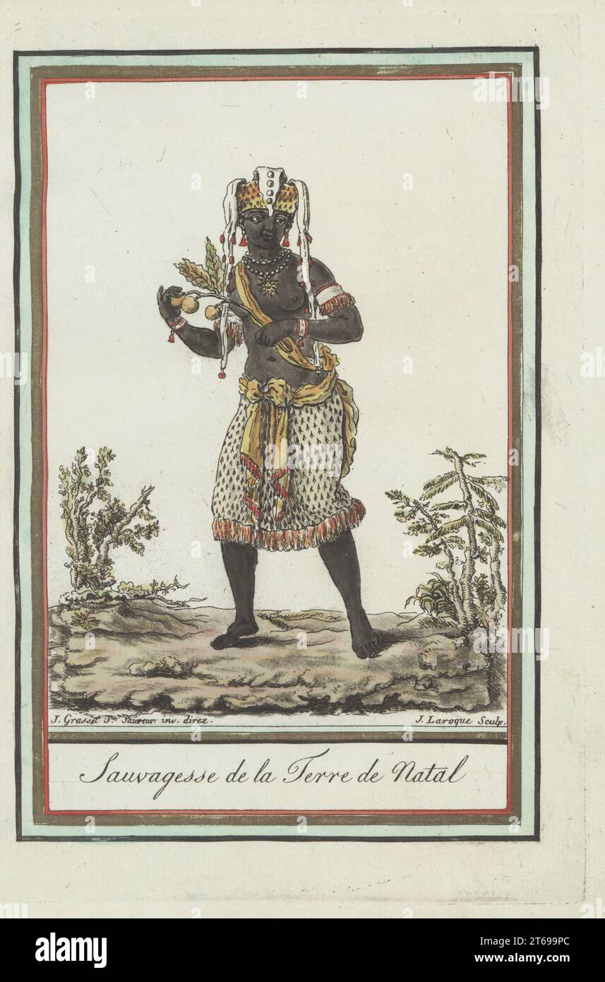 Zulu or Xhosa woman of Natal, eastern South Africa. Dancing, wearing an animal-skin hat with long tails, ivory necklace and earrings, animal-skin fringed skrt, holding a branch with fruit. Sauvagesse de la Terre de Natal. Handcoloured copperplate engraving by J. Laroque after a design by Jacques Grasset de Saint-Sauveur from his Encyclopedie des voyages, Encyclopedia of Voyages, Bordeaux, France, 1792. Stock Photo