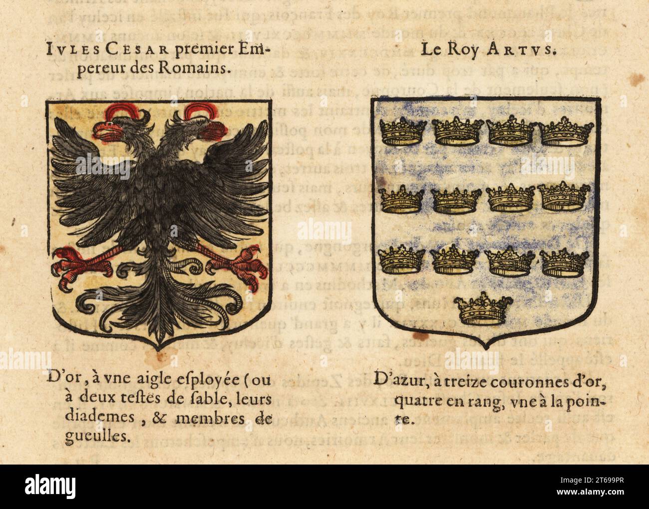 Imaginary coats of arms of the Nine Worthies: Gaius Julius Caesar, Emperor of Rome, with two-headed eagle, and King Arthur, with 13 gold crowns. JULES CESAR, Le Roy ARTUS. Handcoloured woodblock engraving from Hierosme de Baras Le Blason des Armoiries, Chez Rolet Boutonne, Paris, 1628. Stock Photo