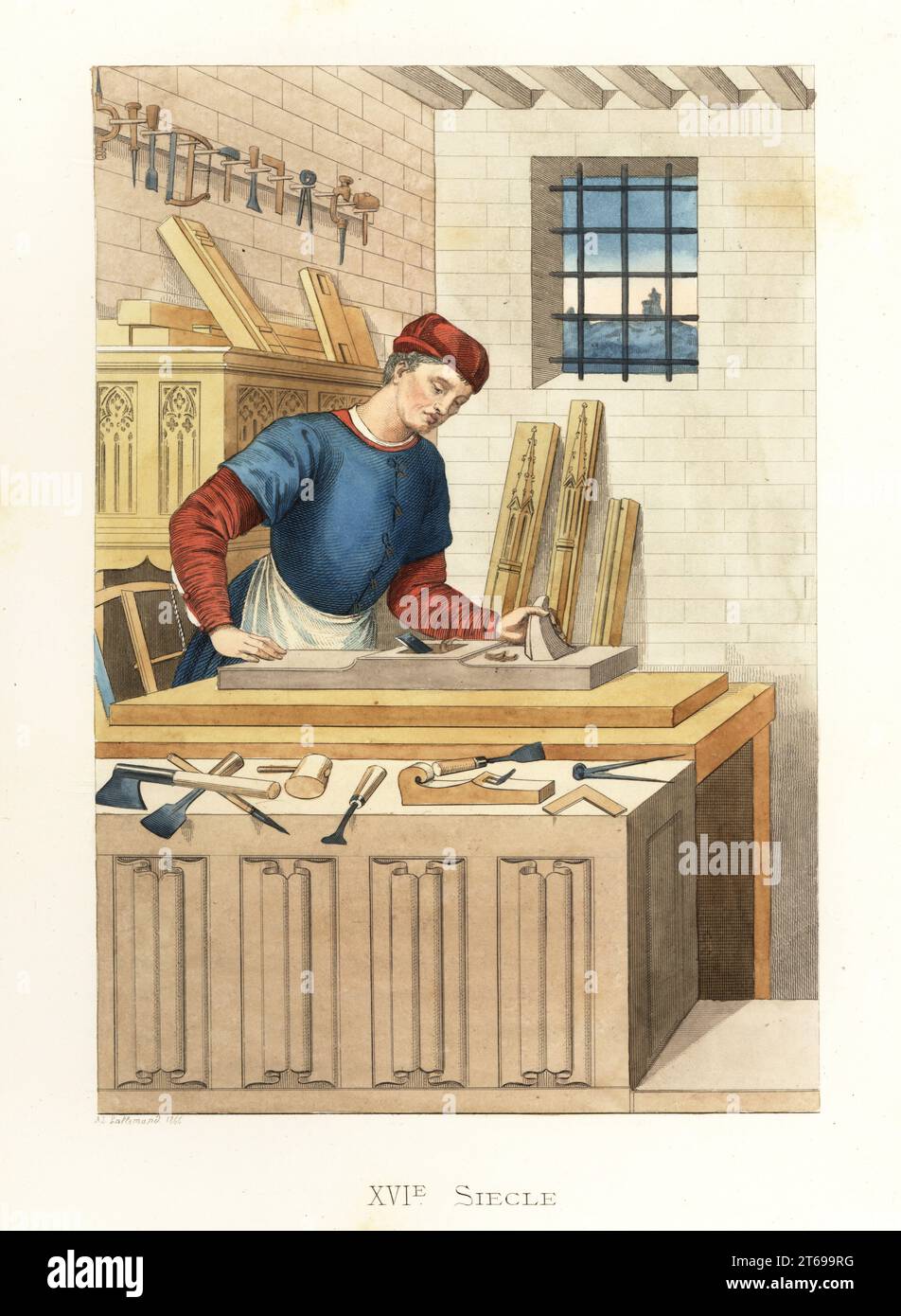 Costume of a French joiner in his workshop, 16th century. In rred toque cap and justaucorps, blue vest fastened with black knots. He works with a plane on a large plank of oak. On the bench, chisels, right angle, compass, plane, mallet, axe, etc. Artisan Francais. After a contemporary miniature. Handcolored lithograph after an illustration by Edmond Lechevallier-Chevignard from Georges Duplessis's Costumes historiques des XVIe, XVIIe et XVIIIe siecles (Historical costumes of the 16th, 17th and 18th centuries), Paris, 1867. Edmond Lechevallier-Chevignard was an artist, book illustrator, and int Stock Photo