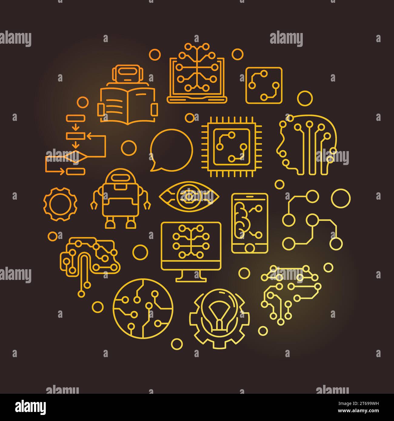 Machine Learning circular vector golden bright illustration in outline ...
