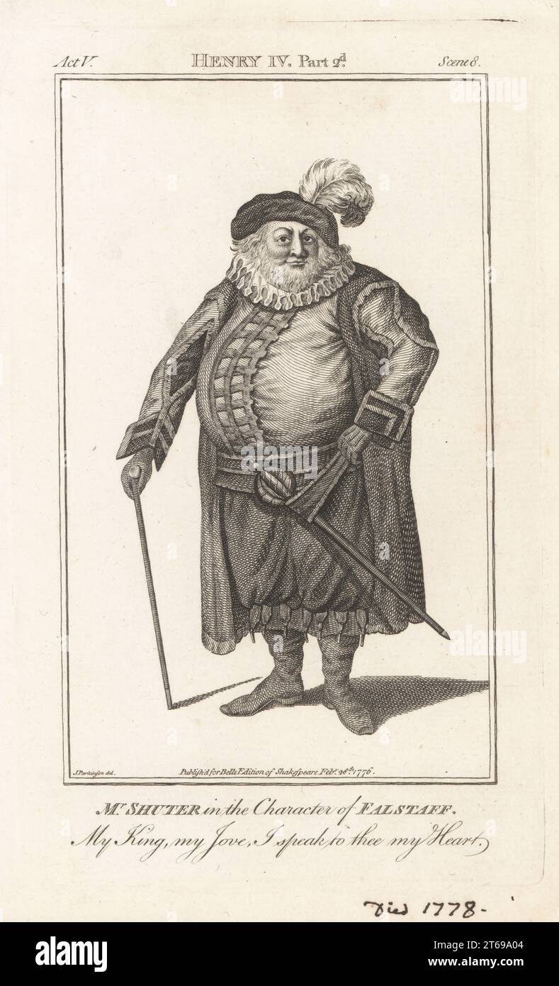 Mr Shuter in the character of Falstaff in William Shakespeare's King Henry IV, Part 2, Covent Garden Theatre, December 11, 1761. In plumed cap, ruff collar, riding cloak, padded doublet, breeches and boots, with sword and stick. Edward Shuter, 1728-1776, English comic actor and wit. Copperplate engraving after a portrait by Thomas Parkinson from John Bell's Edition of Shakespeare, London, Feb. 19th, 1776. Stock Photo