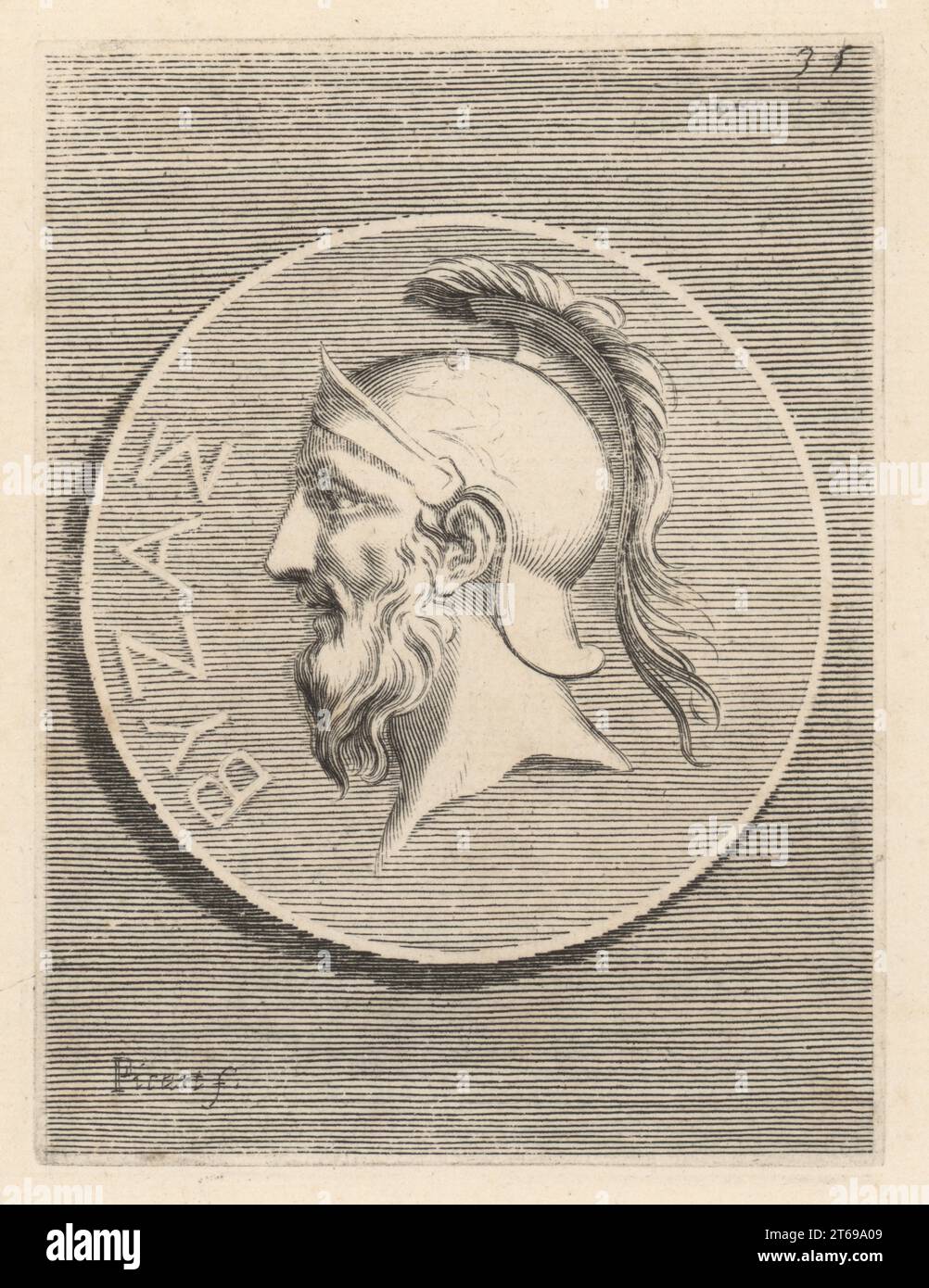 Byzas, legendary founder of Byzantium or Byzantion, the city later known as Constantinople and then Istanbul. From a bronze coin with a head of a bearded man in a crested hermet. Biza. Copperplate engraving by Etienne Picart after Giovanni Angelo Canini from Iconografia, cioe disegni d'imagini de famosissimi monarchi, regi, filososi, poeti ed oratori dell' Antichita, Drawings of images of famous monarchs, kings, philosophers, poets and orators of Antiquity, Ignatio deLazari, Rome, 1699. Stock Photo