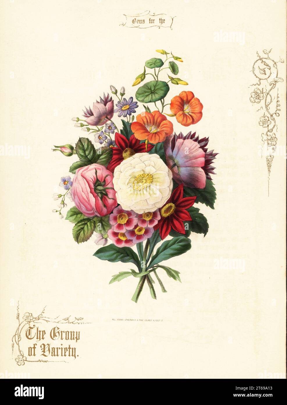 Bouquet of white rose, dahlia, nasturtium, auricula. The Group of