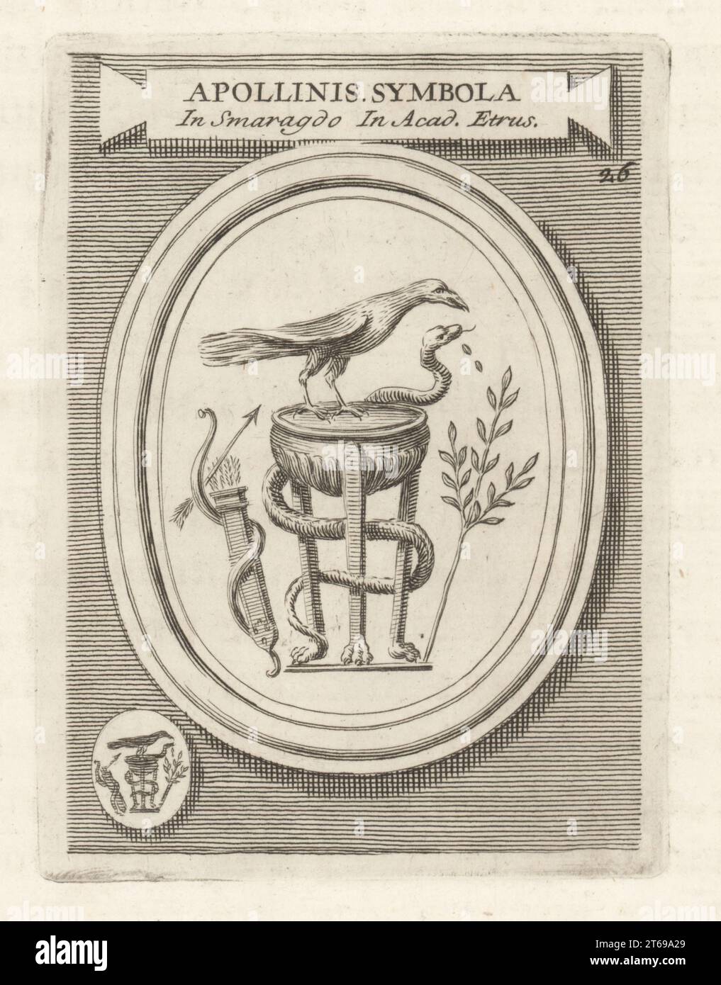 Symbols of the Greek god Apollo: Tripod, serpent, raven, bow, quiver and laurel. Apulu, chthonic sky god, to the Etruscans. From an engraved emerald gem. Apollinis Symbola in Smaragdo in Acad. Etrus. Copperplate engraving from Francesco Valesio, Antonio Gori and Ridolfino Venutis Academia Etrusca, Museum Cortonense in quo Vetera Monumenta, (Etruscan Academy or Museum of Cortona), Faustus Amideus, Rome, 1750. Stock Photo