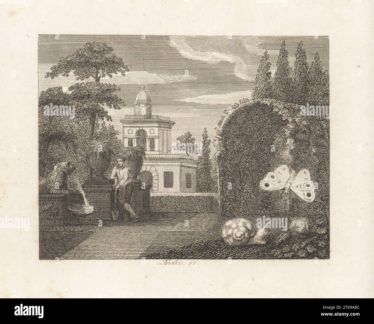 The Butterfly and the Snail. A butterfly hovers over a snail in the formal gardens of a large house, a gardener leans on a shovel next to a lion-sculpture fountain with large flower pots. An arch of foliage with classical figures. Copperplate engraving by William Blake after an illustration by William Kent from Fables by John Gay, with a Life of the Author, John Stockdale, London, 1793. Stock Photo