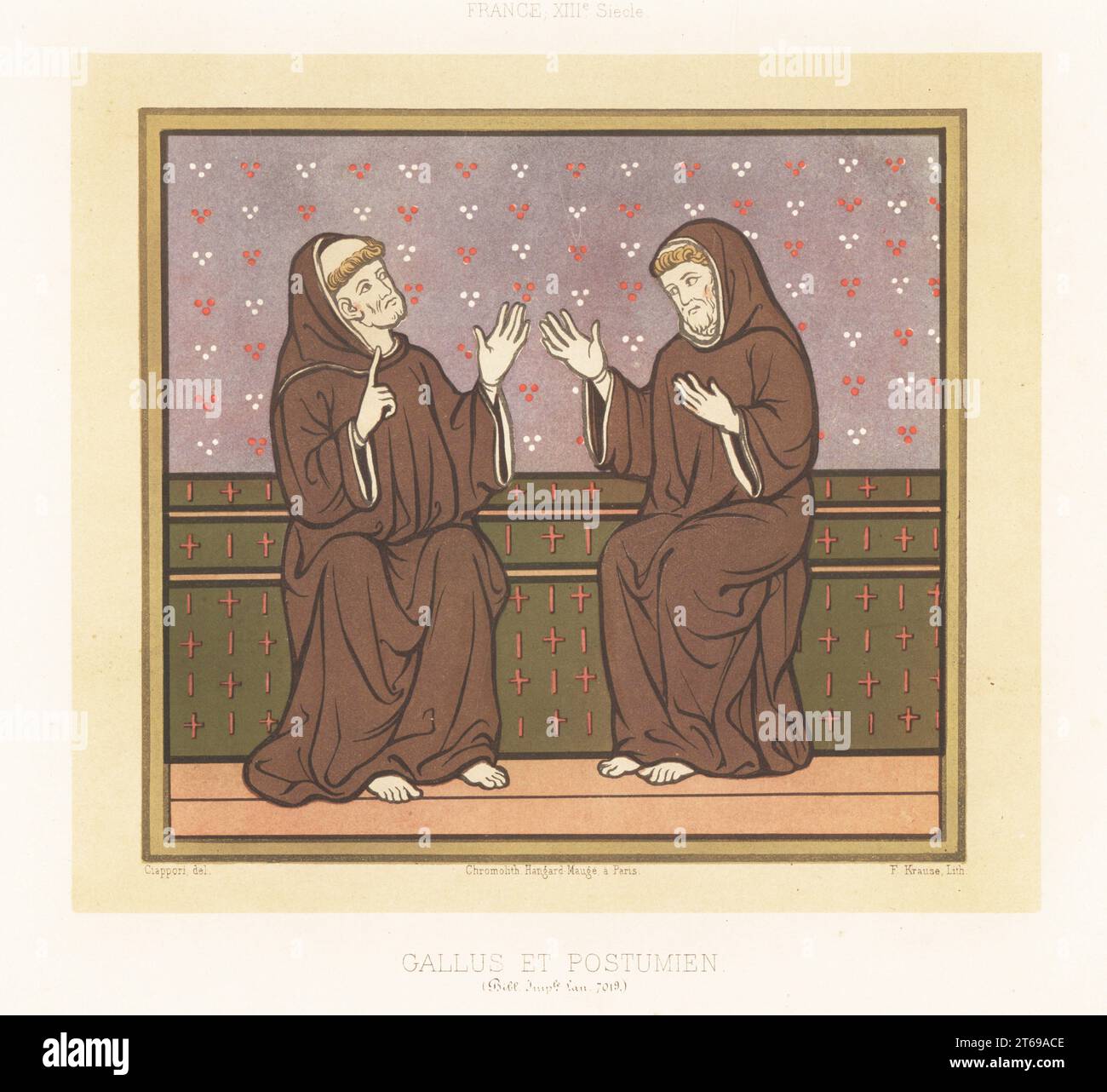 Postumien telling of his pilgrimage in Egypt to Gallus, a disciple of Saint Martin. Both wearing brown Franciscan hooded habits. Gallus et Postumien, France, XIIIe siecle. From a manuscript on the Life of Saint Martin, Lan. MS 7019, Bibliotheque Imperiale. Chromolithograph by F. Krause after an illustration by Claudius Joseph Ciappori from Charles Louandres Les Arts Somptuaires, The Sumptuary Arts, Hangard-Mauge, Paris, 1858. Stock Photo