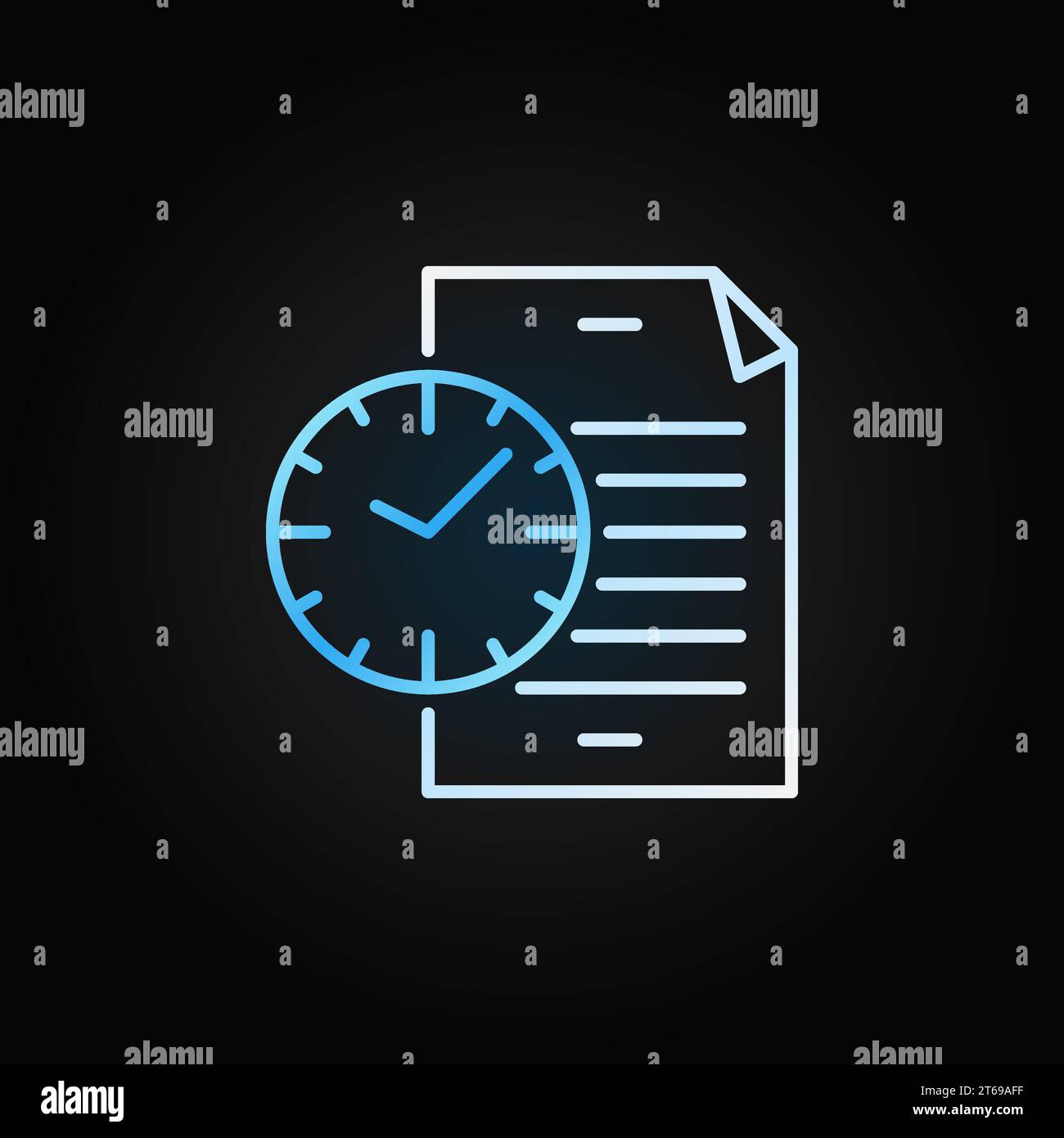 Document with blue clock linear icon. Vector file with time creative outline symbol on dark background Stock Vector