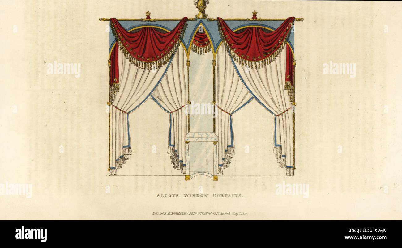 Alcove window curtains. Fabric arches on brass rods, transparent