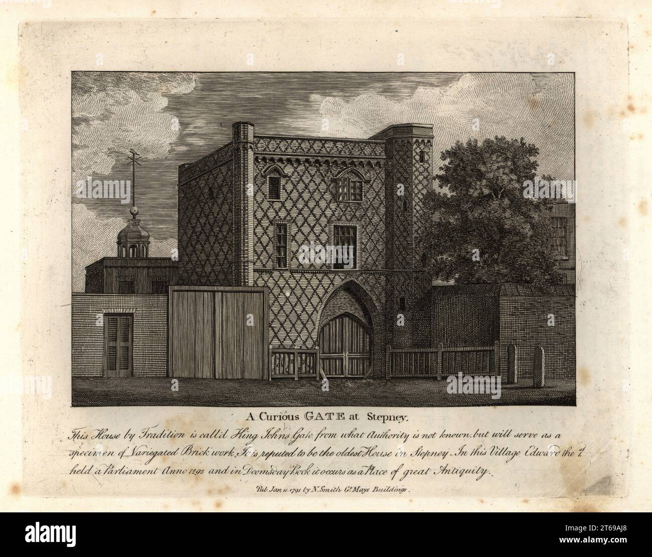 A curious gate in variegated brickwork called St. John Gate, the oldest house in Stepney. Copperplate engraving by John Thomas Smith after original drawings by members of the Society of Antiquaries from his J.T. Smiths Antiquities of London and its Environs, J. Sewell, R. Folder, J. Simco, London, 1791. Stock Photo