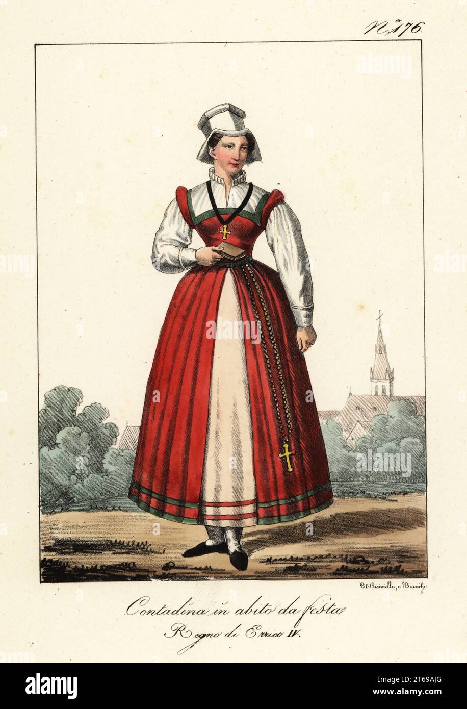 French peasant woman in festival costume, reign of King Henry IV. In  pentagonal hat, blouse, dress with tight bodice and full skirts, cross  hanging from the belt. Paysanne en Habit de Fete.