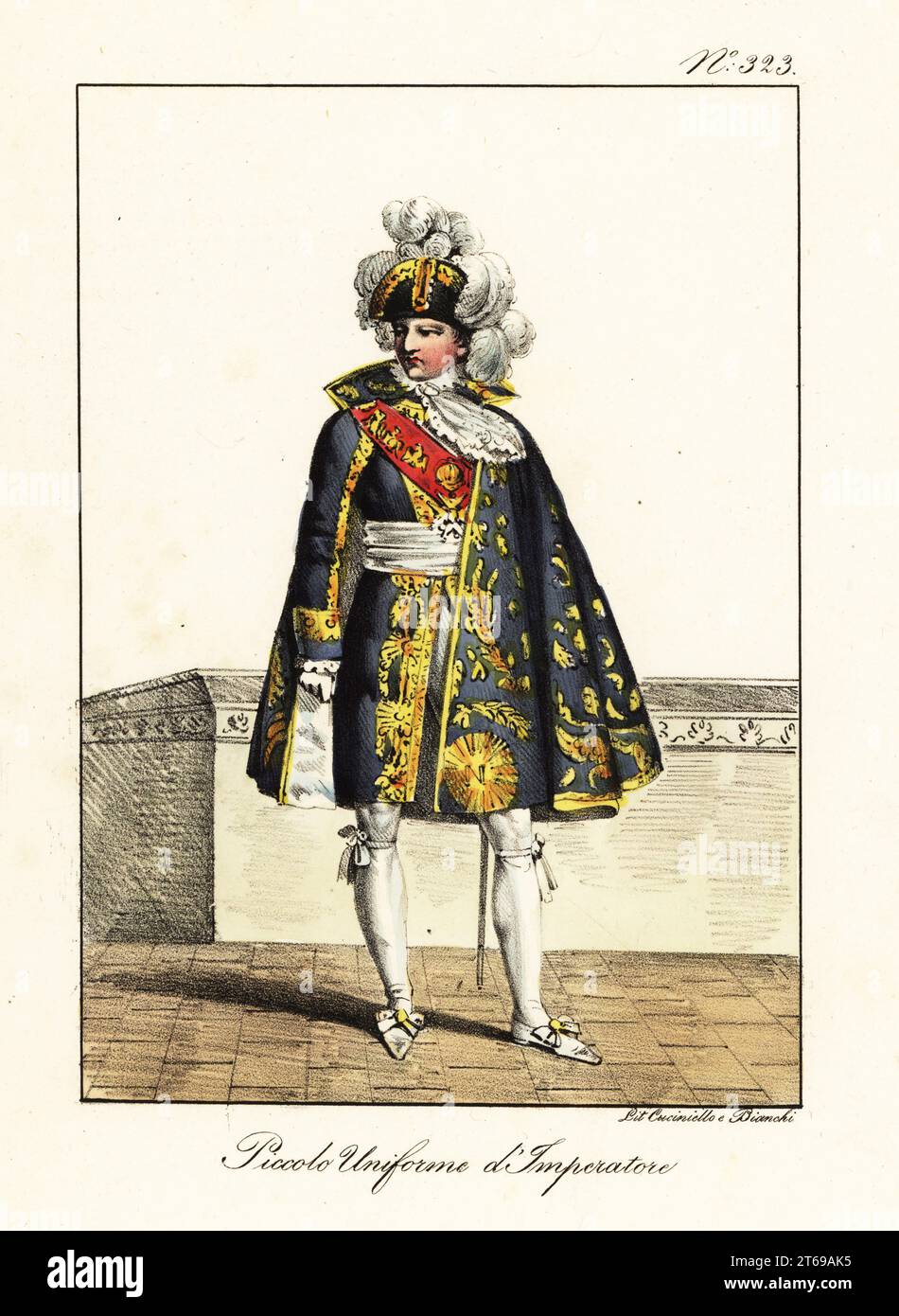 Emperor Napoleon Bonaparte in semi-formal costume, 1804. Bicorne with ostrich plumes, blue cape with gold embroidery, blue coat, red sash, white belt, hose with ribbons at the knee, white shoes, gold sword. Petit Costume de l'Empereur. Handcoloured lithograph by Lorenzo Bianchi and Domenico Cuciniello after Hippolyte Lecomte from Costumi civili e militari della monarchia francese dal 1200 al 1820, Naples, 1825. Italian edition of Lecomtes Civilian and military costumes of the French monarchy from 1200 to 1820. Stock Photo