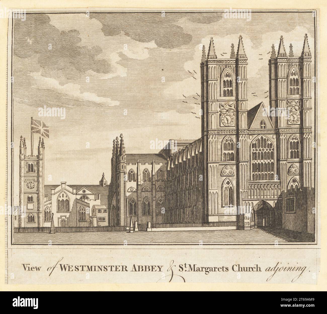View of Westminster Abbey and St. Margarets Church adjoining. Copperplate engraving from William Thorntons New, Complete and Universal History of the City of London, Alexander Hogg, King's Arms, No. 16 Paternoster Row, London, 1784. Stock Photo