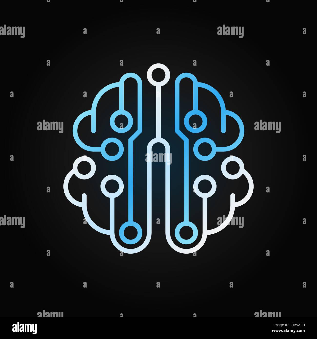 Circuit board brain blue vector outline icon or design element on dark ...