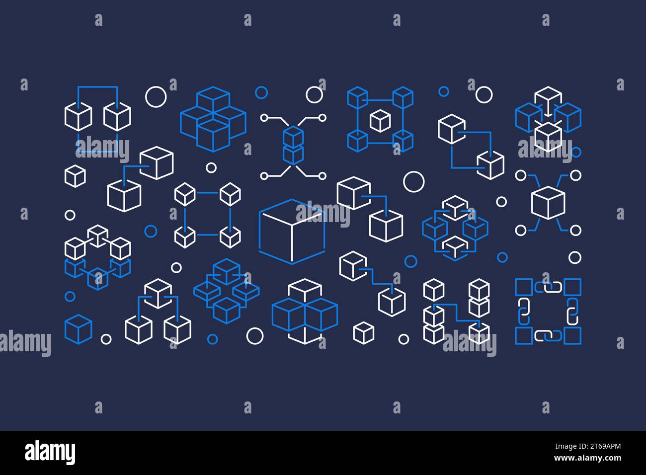 Blockchain technology concept blue line banner. Vector illustration in ...