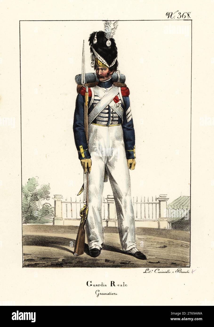 Uniform of an infantry Grenadier with the French Royal Guard, Bourbon Restoration. In bearskin with brush, blue coat with white frogging, crimson epaulettes, pantalons, with musket and backpack. Garde Royale, Grenadier. Handcoloured lithograph by Lorenzo Bianchi and Domenico Cuciniello after Hippolyte Lecomte from Costumi civili e militari della monarchia francese dal 1200 al 1820, Naples, 1825. Italian edition of Lecomtes Civilian and military costumes of the French monarchy from 1200 to 1820. Stock Photo