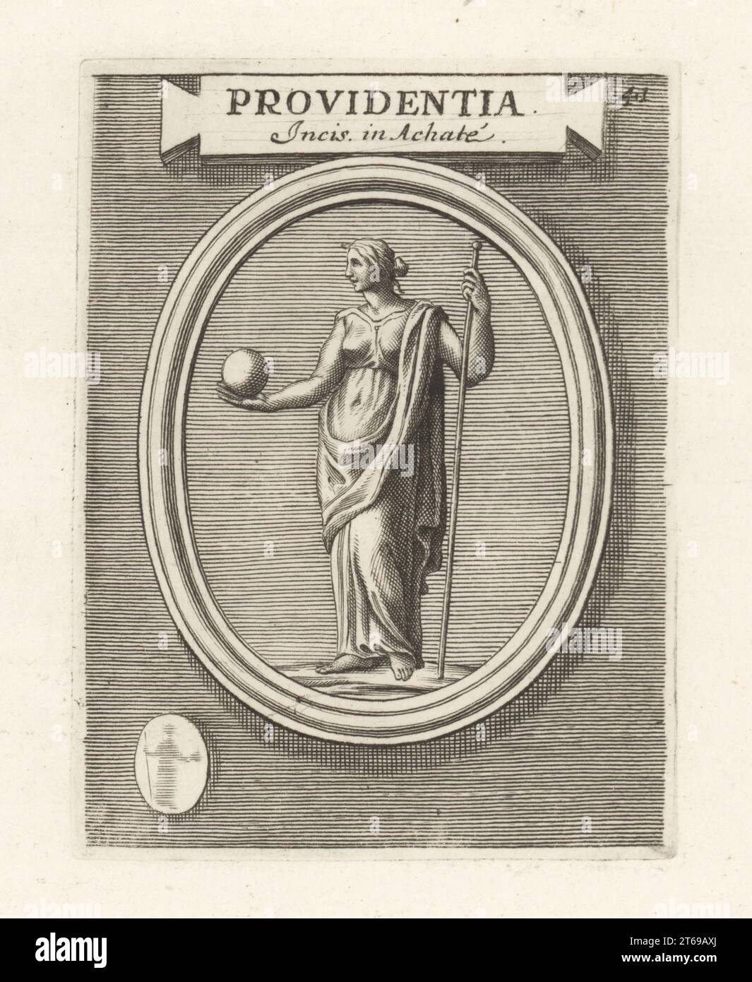 Providentia, Roman divine personification of foresight or providence, with orb and spear. From an engraved agate gem on a heretical amulet. Providentia Incis in Achate. Copperplate engraving from Francesco Valesio, Antonio Gori and Ridolfino Venutis Academia Etrusca, Museum Cortonense in quo Vetera Monumenta, (Etruscan Academy or Museum of Cortona), Faustus Amideus, Rome, 1750. Stock Photo
