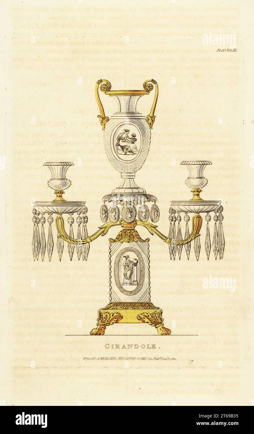 Girandole in cut-glass and gilt designed by Pellatt and Green. It has two lamps, and the vase, medallions and stem is decorated with Apsley Pellatts patented glass cameo incrustation or crystallo ceramie. Messrs Pellatt and Green operated a glassware shop in St. Pauls Churchyard, London. Handcoloured copperplate engraving from Rudolph Ackermanns Repository of Arts, Literature, Fashions, Manufactures, etc., Strand, London, 1821. Stock Photo