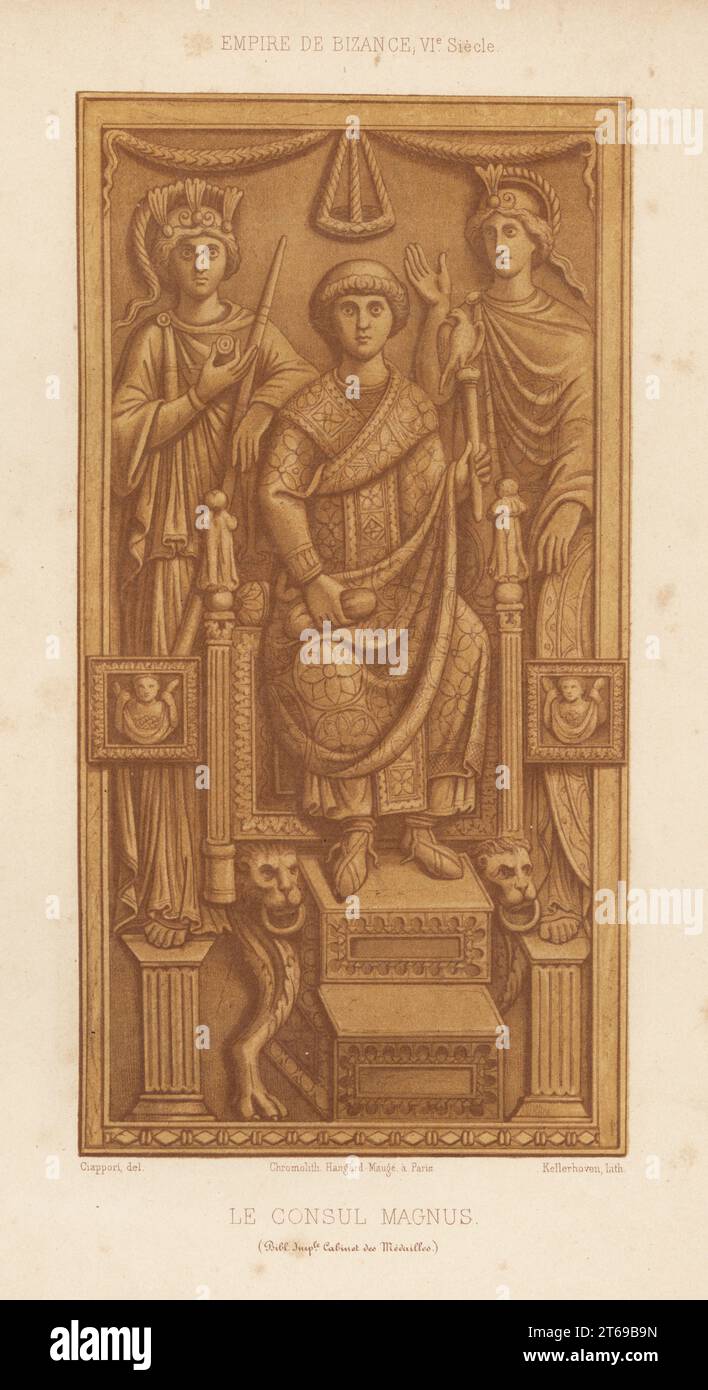Flavius Magnus, Roman senator of Narbo, later Consul of Rome, c.390-475. Byzantine Empire, 5th century. Le Consul Magnus. Empire de Bizance, Ve Siecle. Cabinet des Medailles, Bibliotheque Imperiale. Chromolithograph by Franz Kellerhoven after an illustration by Claudius Joseph Ciappori from Charles Louandres Les Arts Somptuaires, The Sumptuary Arts, Hangard-Mauge, Paris, 1858. Stock Photo